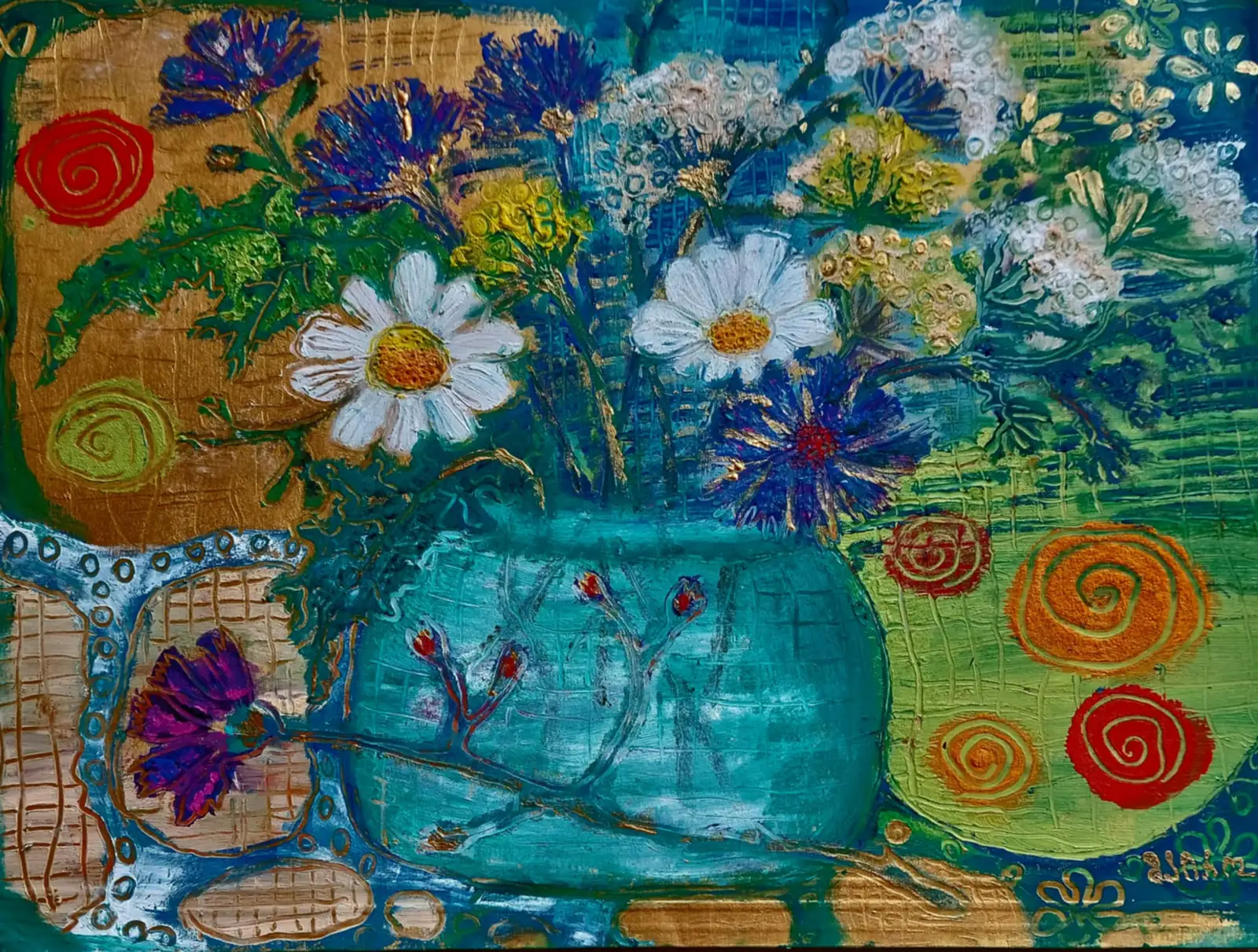 Daisies in a Turquoise Pot
