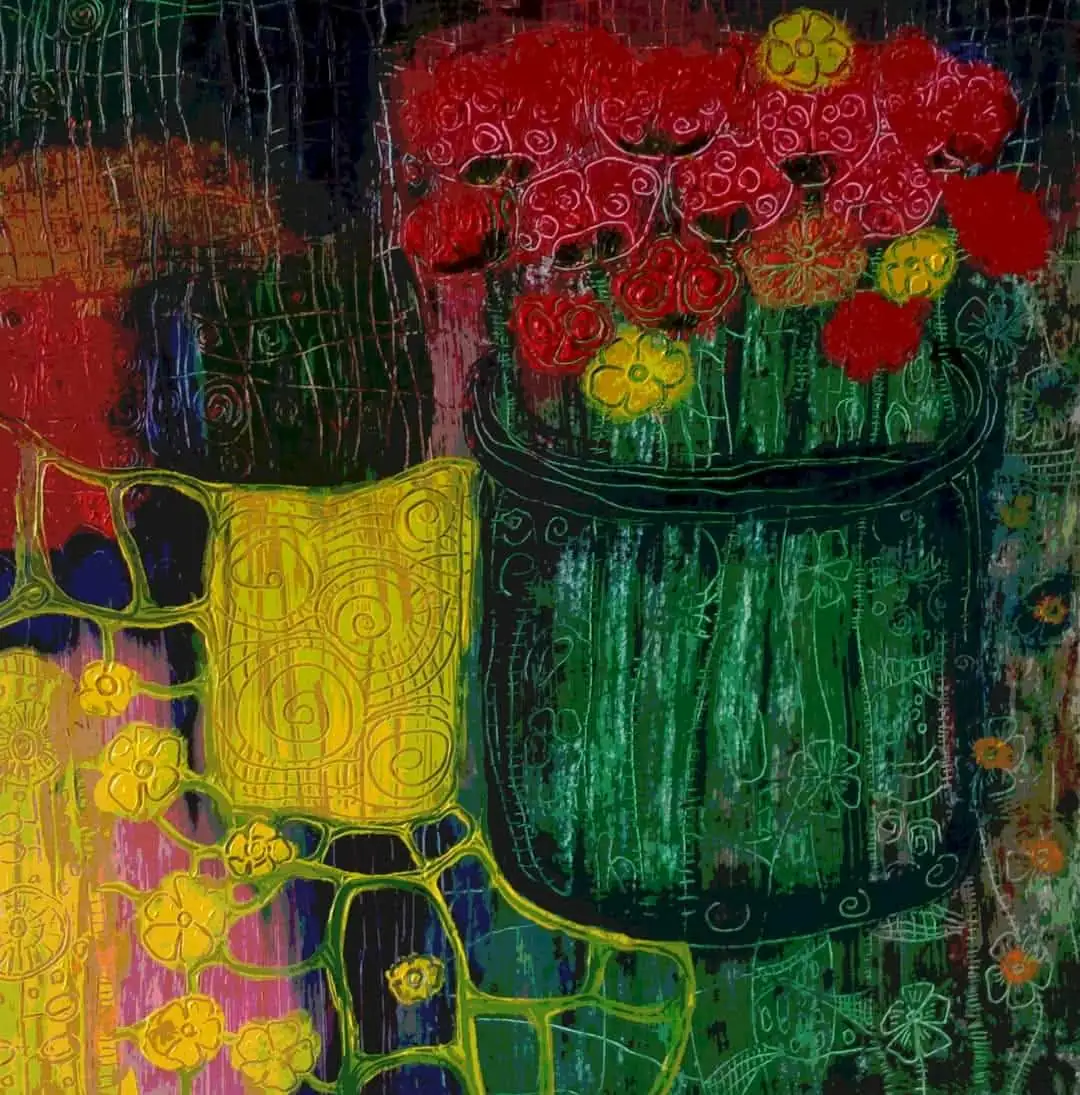 Red Flowers in a Green Pot