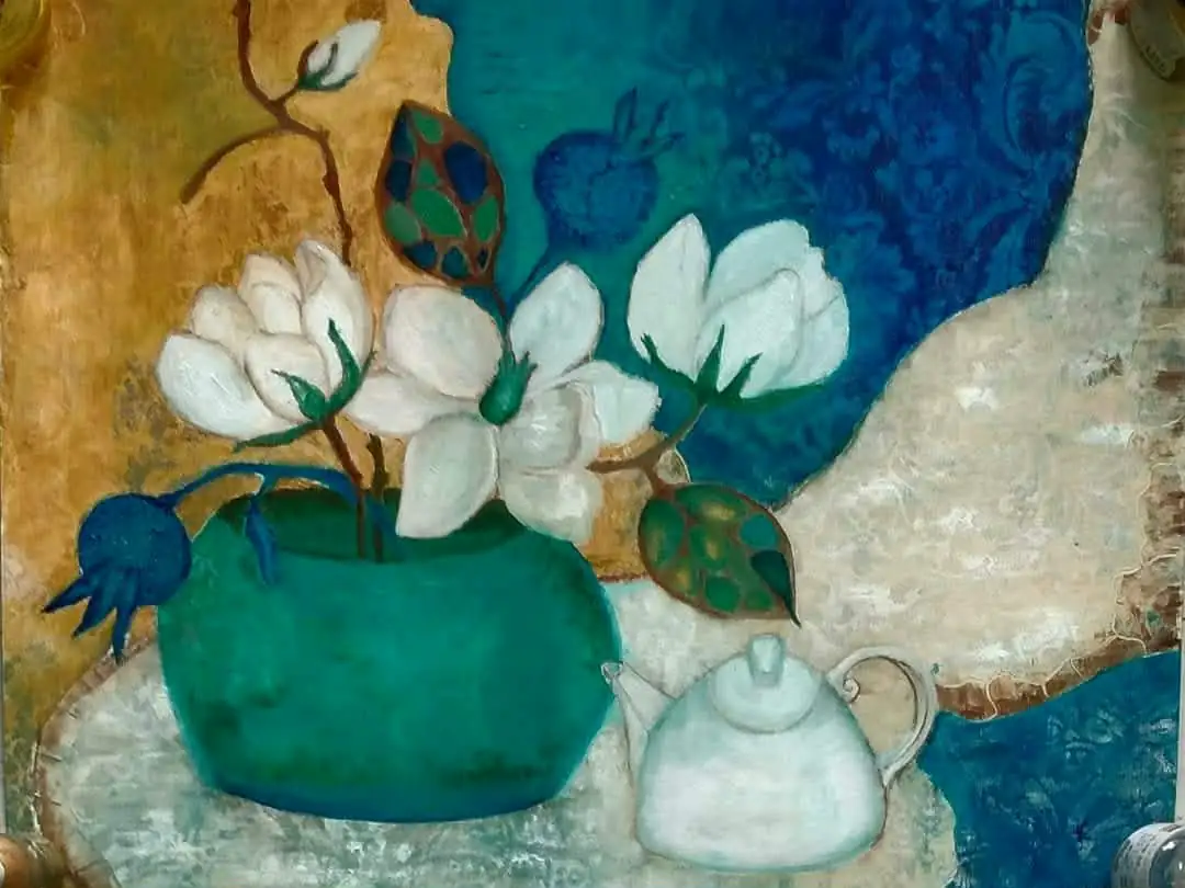 White Flowers in a Green Vase